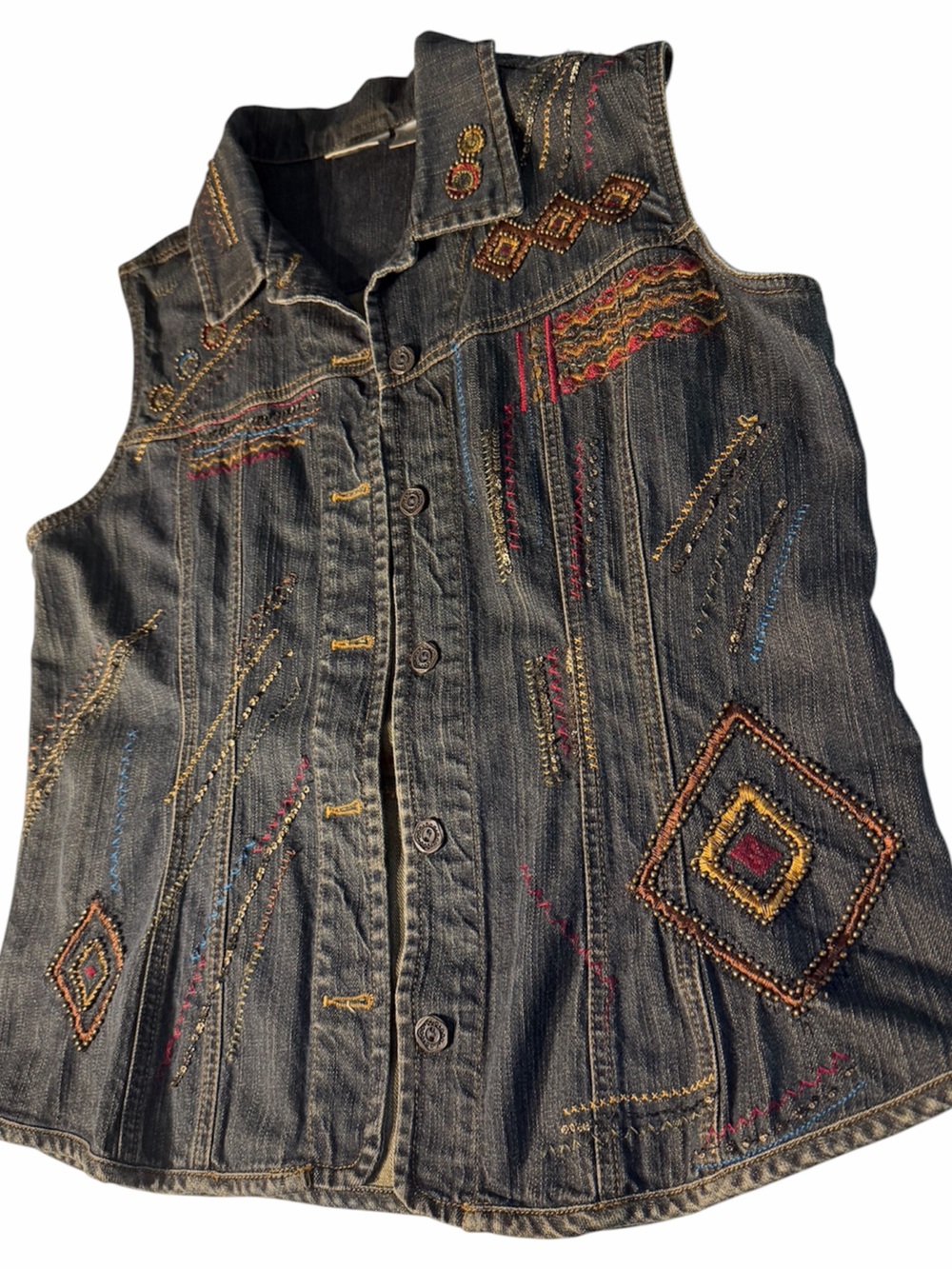 Chico’s | Embroidered Beaded Denim Vest Southwestern Boho Geometric Western